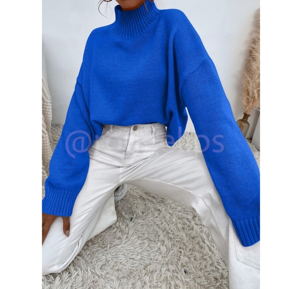 Blue Turtleneck Oversized Pullover Knit Sweater Drop Shoulder - Picture 6 of 8